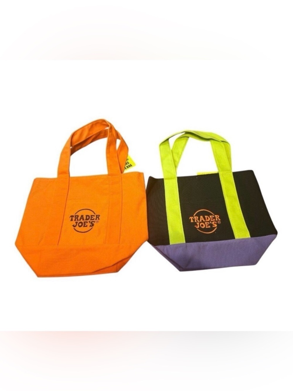 TRADER JOES TRICK OR TREAT MINI CANVAS TOTE BAGS (2) ORANGE & MULTI-COLORED NWT